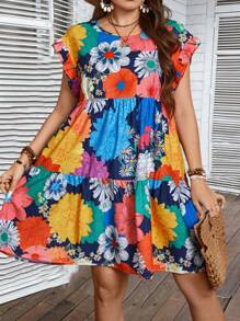 Breezaya 大码女式夏季度假风格花卉印花短袖彼得潘领连衣裙 - 彩色 - 查看 4