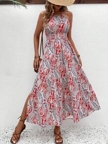 Breezaya 女士度假休閒全印花聚攏腰身裙，側開衩後背無背心風格綁頸禮服 - 彩色 - 查看 4