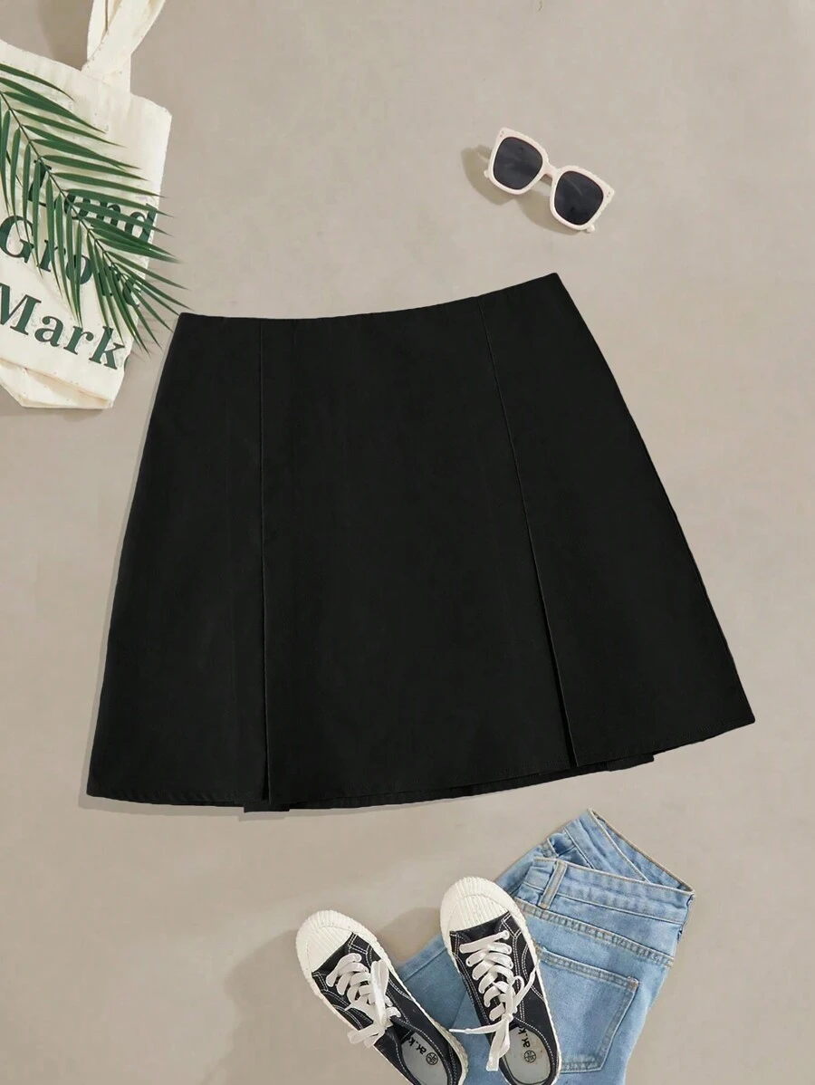 SHEIN EZwear Plus Size Summer Casual Solid Color Pleated Skirt - Black - View 1