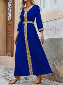 SHEIN Unity Spring And Summer Elegant Colorblock Lace Patchwork Long Dress, Modest Kaftan