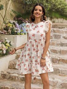 SHEIN VCAY Women Round Neck Floral Print Ruffle Hem Vacation Dress
