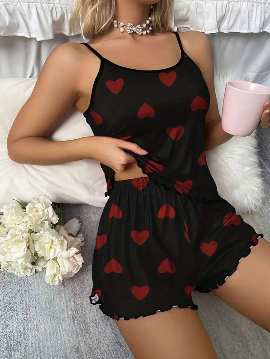 女性流行心形印花背心短褲睡衣套裝 - 黑色 - 查看 1