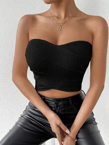 SHEIN Raffinéa Top corto de punto acanalado delgado de diseño strapless de unicolor para mujer en verano - Negro - Ver 4