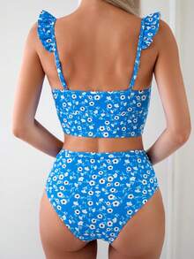 SHEIN Swim Bãi Biển Mùa Hè Ngày Lễ Tankini Bộ Nữ In Hoa Thắt Trước Firll Viền Xù Nắp Tay Tankini Trên Và Quần Bơi - Nhiều màu - Xem 2