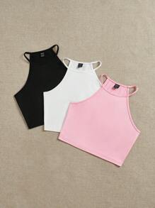 SHEIN EZwear 3pcs/Set Summer Casual Ribbed Scoop Neck Slim Fit Tank Tops For Women