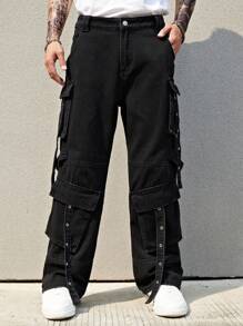 Manfinity Roghcode 男士休闲多口袋直筒工装牛仔裤宽松长款水洗滑板牛仔裤纯黑色派对朋克摇滚朋友黑色工装牛仔裤黑色工装裤外出聚会通勤街头度假，垃圾摇滚