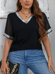 SHEIN Clasi 大尺碼女性時尚短袖T恤，帶閃爍裝飾 - 黑色 - 查看 3