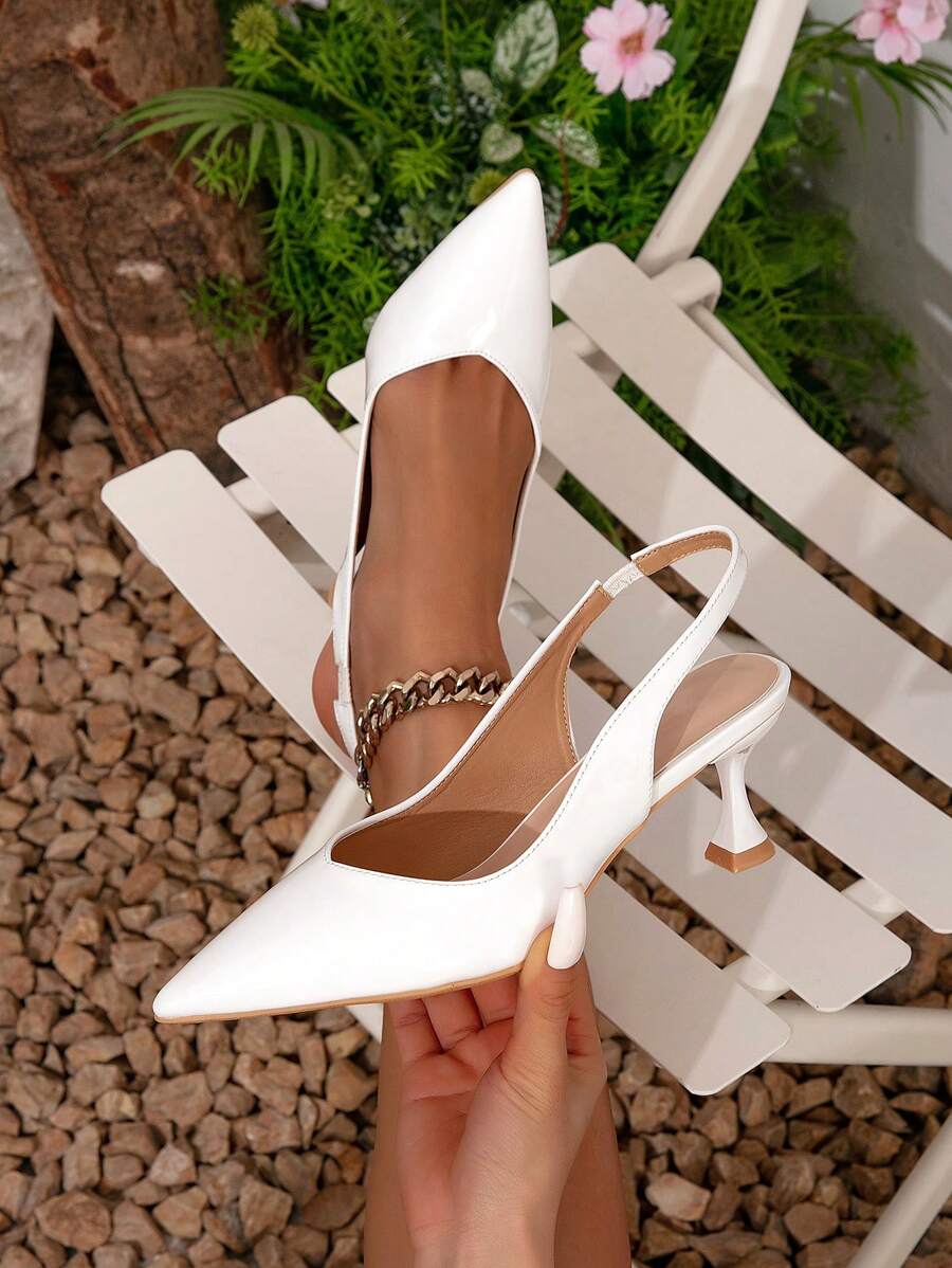 MonaNise 秋冬季时尚细高跟尖头女鞋，露跟设计，低鞋面，优雅猫跟，派对必备 - 白色 - 查看 1