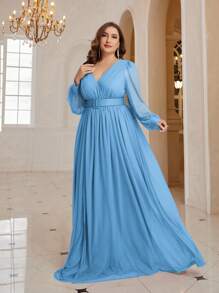 SHEIN Belle 腰帶裝飾深V領閃亮面料大尺碼伴娘禮服 - 藍色 - 查看 5