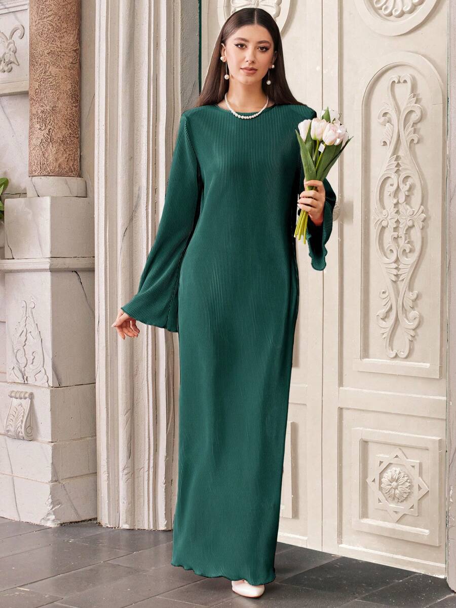 EURMUSE Robe décontractée pour femme en couleur unie à manches cloche et col rond - Militaire verte - Voir 1