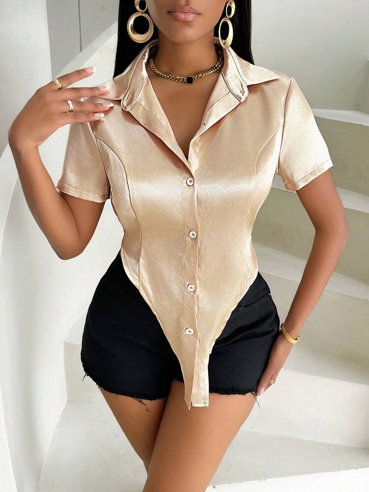 Women Summer Fashionable Polo Shirt With Asymmetric Hem