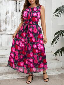 SHEIN Clasi Fashionable Plus Size Women Summer Sleeveless Printed Dress, Versatile