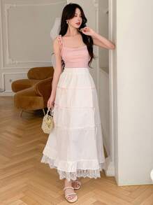 DAZY Women Lace Decorated Skirt With Bow,Ruffle - White - View 2