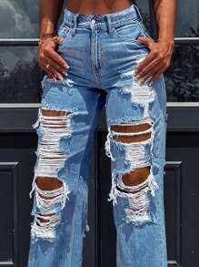 Distressed Frayed Hem Straight Leg Jeans - Light Wash - View 4