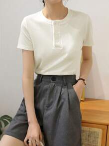 DAZY Solid Button Front Rib Knit Tee Summer - White - View 3