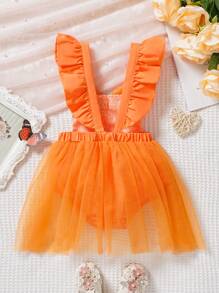 SHEIN Baby Girl Butterfly Decor Mesh Splicing Ruffle Trim Bodysuit Outfit