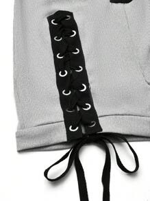 SHEIN Essnce Ladies' Deep V-Neckline Multi Color-Block Jumpsuit With Metal Buckle Detail & Lace-Up Belt - Grey - View 5