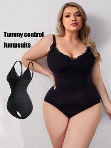 Plus Size Lace Patchwork Monochromatic Bodysuit Shapewear