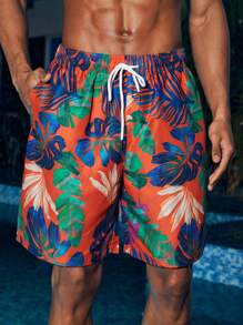 Manfinity Men Vacation Leisure Plant Printed Swim Trunks For Pool And Beach