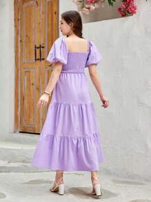 SHEIN Vestido casual largo suelto para adolescente con manga abullonada, cuello cuadrado y detalles de tejido en color limpio - Púrpura malva - Ver 2