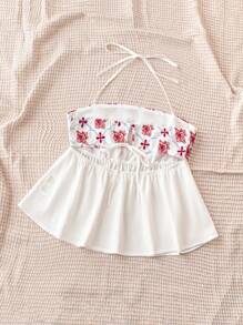 Soleia Blusa de tirantes holgada de verano para mujer con diseño de flores y cuello Halter con volantes y lazo en el cuello