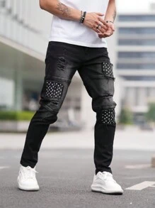 Men's Distressed Patchwork Tapered Denim Jeans