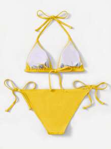 Swim Basics Summer Beach Solid Halter Triangle Tie Side Bikini Set - Yellow - View 2