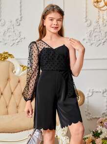 SHEIN Tween Girl Cute Elegant Simple Fashion One-Shoulder Long Jumpsuit - Black - View 5