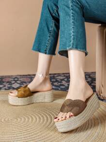 女性楔形厚底涼鞋，開放式輕便拖鞋，舒適耐磨夏季鞋 - 棕色 - 查看 5