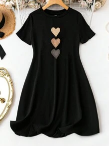 SHEIN LUNE 大码女式心形印花休闲短袖紧身迷你连衣裙 - 黑色 - 查看 1