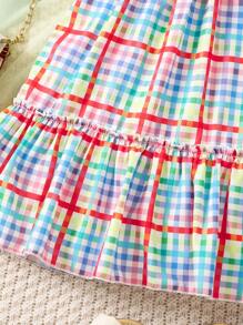 Young Girl Summer Holiday Style Plaid Dress With Square Neckline And Flutter Sleeves S - Red - View 4
