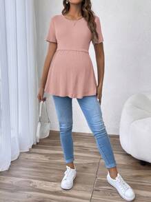 SHEIN Elegant And Romantic Round Neck Short Sleeve Maternity T-Shirt With Gender-Neutral Party Theme And Waist Cinched Design - Pink - View 5
