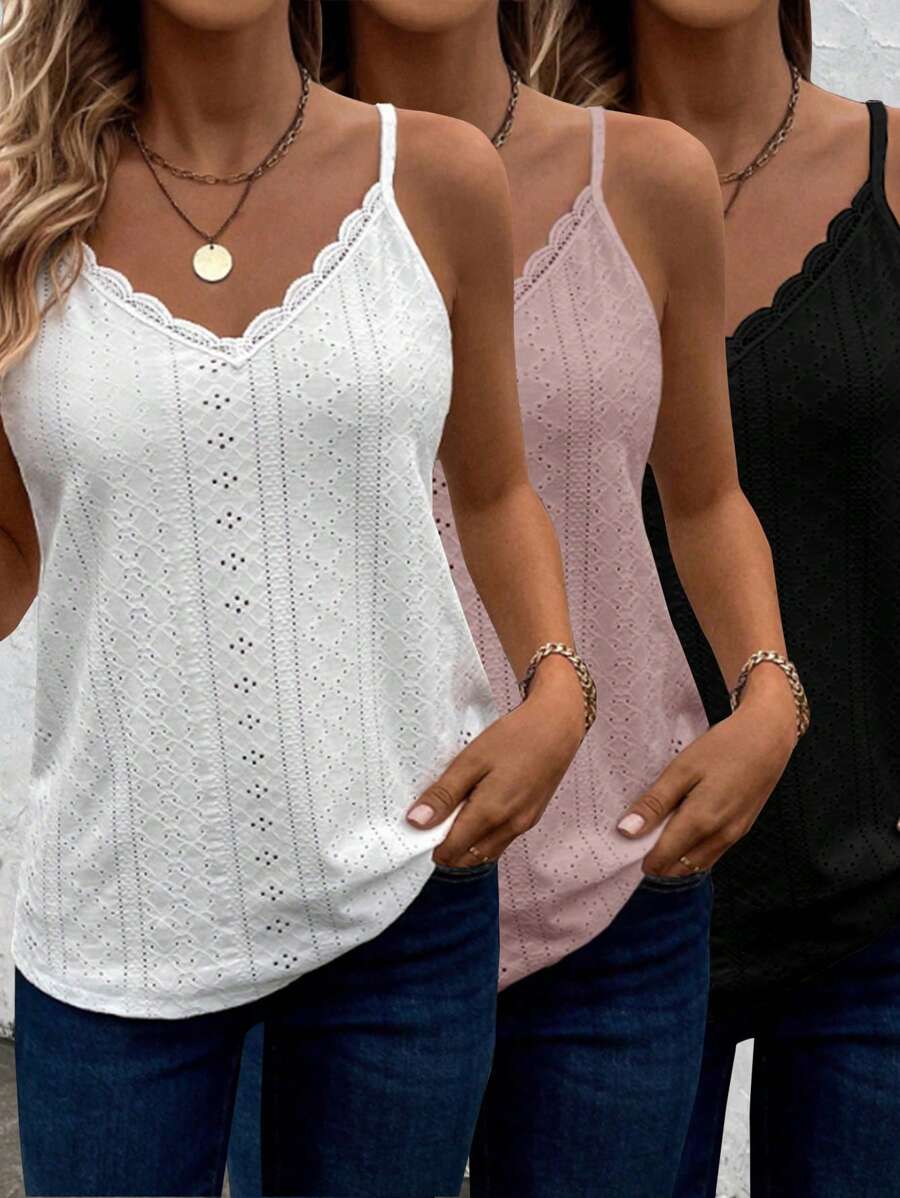 EMERY ROSE 3pcs/Set Knitted Muscle Texture Hollow Out Lace Patchwork Casual Vacation Women Camisole Tank Top - Multicolor - View 1