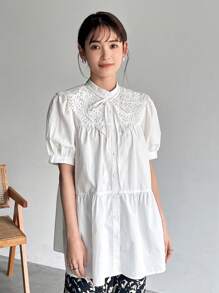 FRIFUL Women Summer Elegant Solid Color Shirt With Lace Collar, Short Puff Sleeve And Tie-Up Front,Ruffle
