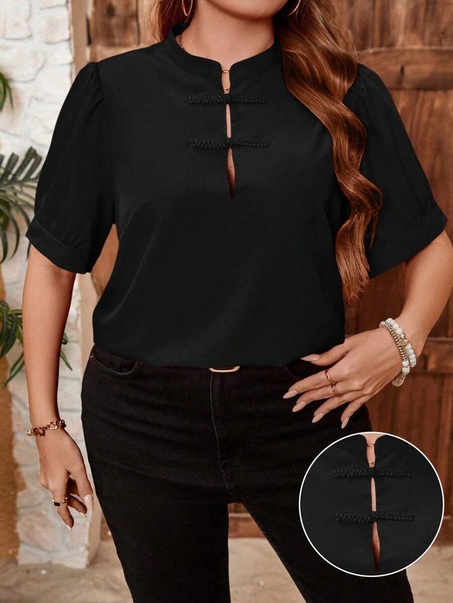 Calvaya Fashionable Plus Size Women Shirt With Buckle Decoration - Black - View 1