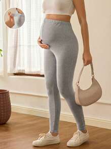 SHEIN Leggings básicos sólidos, simples y casuales para mujer embarazada - Gris - Ver 1