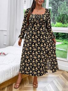 Breezaya Plus Size Women Summer Holiday Style Sweetheart Neckline Flared Cuff Front Tie Side Slit Maxi Elegant Dress