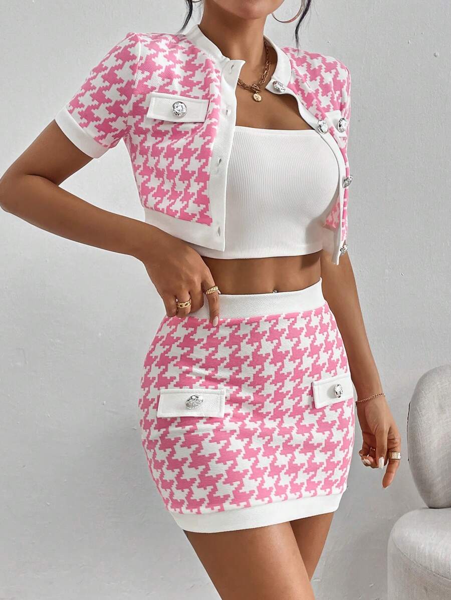 SHEIN PETITE Spring/Summer Casual Short Houndstooth Cropped Top & Slim Mini Skirt Set - Pink - View 1