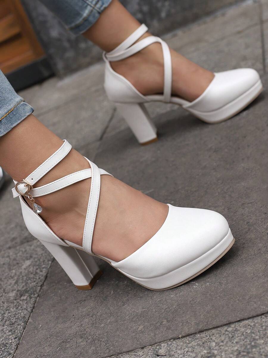White ClosedToe High Heels With Thick Cross Straps And Platform, In — free download