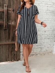 EMERY ROSE Summer Striped Plus Size V-Neck Dress, Vacation Daily, Beach Dress Sundress, Holiday Outfits Boho - Black and White - View 5