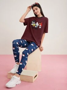 HELLO KITTY AND FRIENDS | SHEIN 女士夏季休閒可愛字母印花寬鬆短袖T恤 - 棕色 - 查看 3