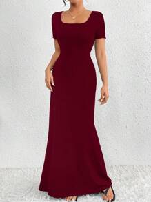 SHEIN Clasi 纯色方领优雅女式连衣裙 酒红色长款女式套装 - 酒紅色 - 查看 3