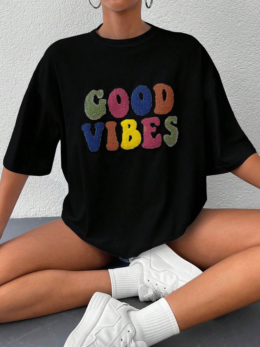 EURMUSE Women Fashionable Colorful Printed Short Sleeve Casual T-Shirt - Black - View 1