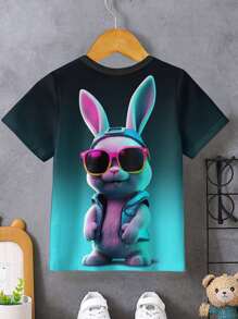 SHEIN Leap Crew Young Boy Casual Ombre Rabbit Pattern Short Sleeve Round Neck T-Shirt, Summer