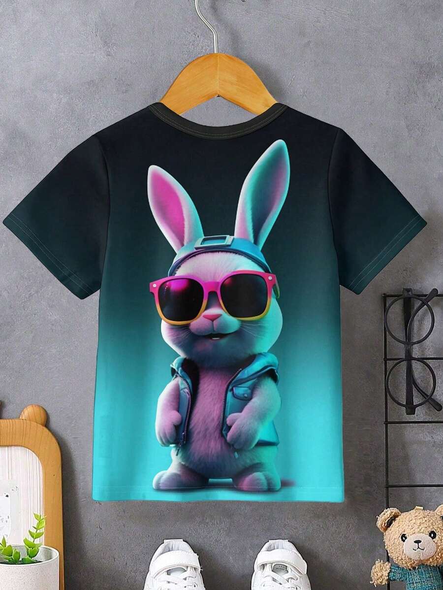 SHEIN Leap Crew Young Boy Casual Ombre Rabbit Pattern Short Sleeve Round Neck T-Shirt, Summer