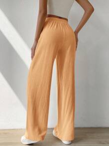 SHEIN EZwear 實心休閒斜口袋亞麻寬腿褲 - 黃色 - 查看 2