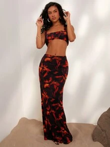 SHEIN VCAY Summer Vacation Slim Fit Full Print Crop Top And Straight Long Skirt, 2 Pieces Set - Multicolor - View 6