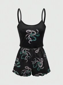 ROMWE Summer Gothic Sun Moon Star Snake Print Tank Top And Shorts Pajama Set - Black - View 1
