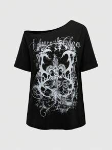 ROMWE Goth Plus Size Vintage Cross Vine Slogan Distressed Print Loose One-Shoulder T-Shirt, School, Summer