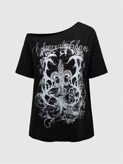 Goth Plus Size Vintage Cross Vine Slogan Distressed Print Loose One-Shoulder T-Shirt, School, Summer